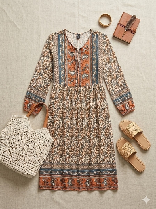 Emery Rose Dresses & Skirts - Boho Long-Sleeve Midi Dress in Rust and Cream Floral